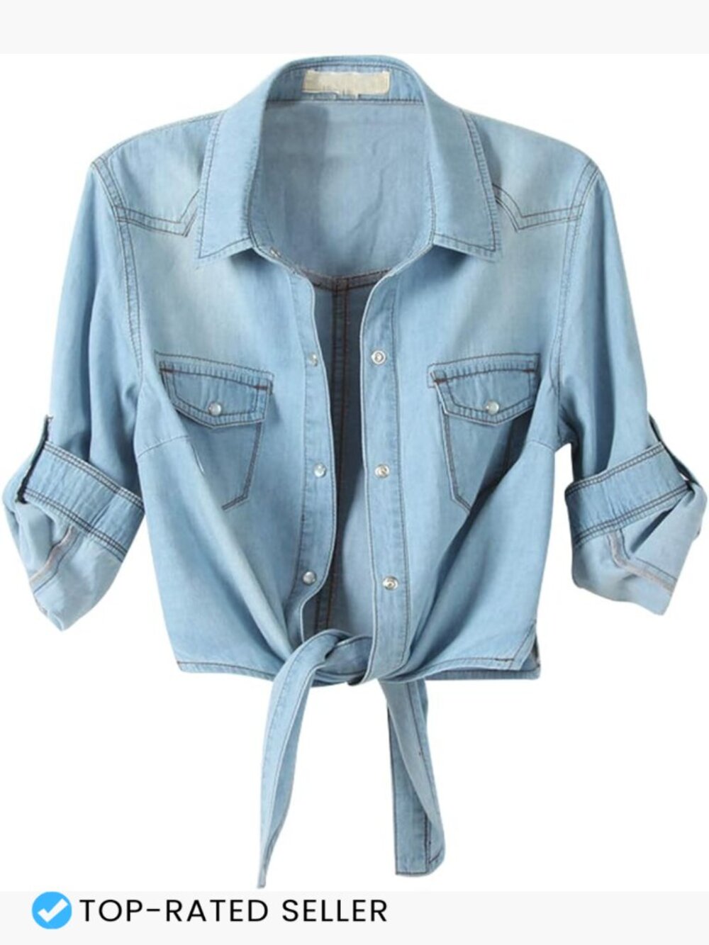 Womens Crop Denim Top Tie Knot Shirt Chambray Cardigan 3/4 Sleeve Summer